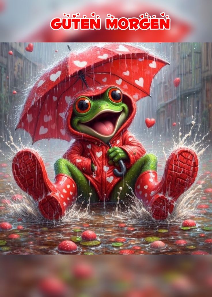 the frog is sitting in the rain with an umbrella and hearts on it's head