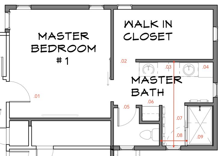 If you’ve been following along with my design journal for a while, you’ll know that I often talk about redlining plans , which refers to the process of going through floor plans, for the purpose of improving them. The process is similar to what a proofreader does with a written document, but in thi Bedroom Addition Off Kitchen, Walk In Closet Off Bathroom, Long Narrow Bathroom With Closet Layout, Basement Master Suite Layout, Primary Bedroom And Bathroom Layout, Master Closet Off Bathroom, Bathroom And Closet Combo Master Floor Plan, Bathroom Master Closet Combo, Master Closet In Bathroom Layout