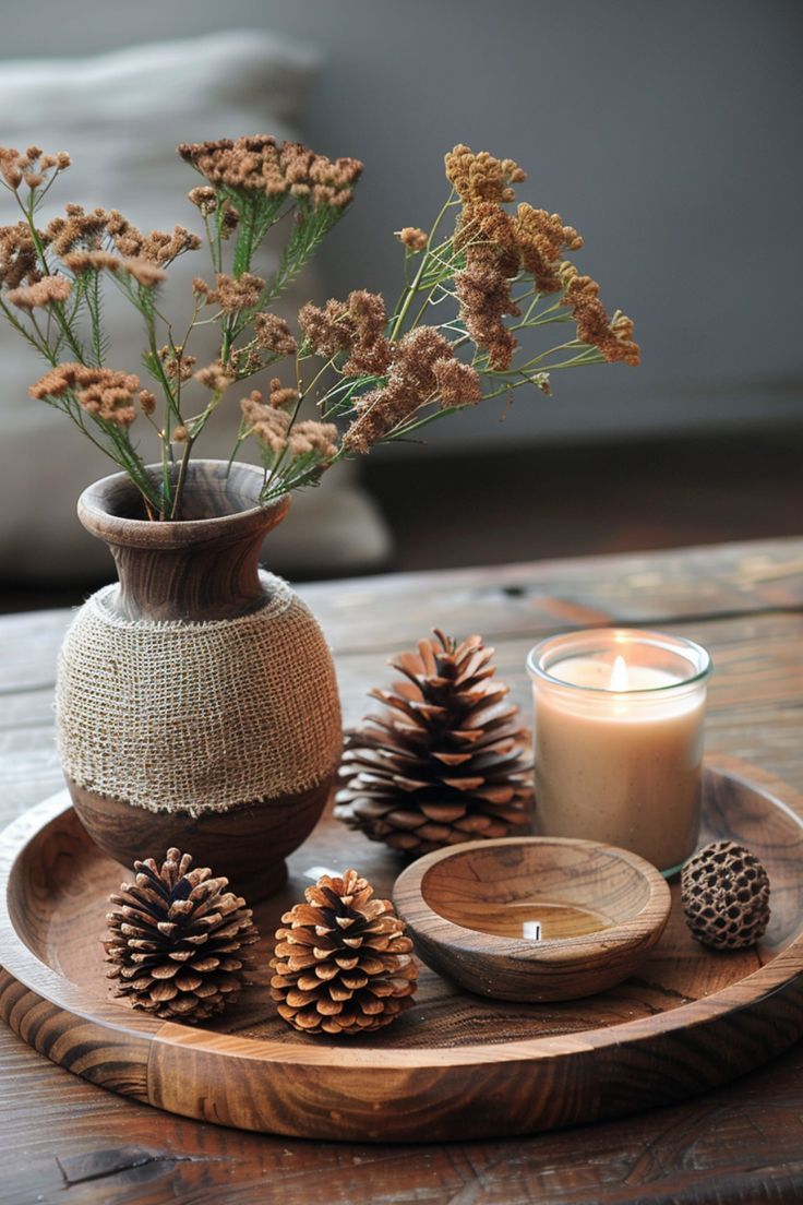 rustic coffee table tray decor Round Table Tray Decor Ideas, Coffee Table Fall Decor Tray, Coffee Table Decor Rustic, Winter Decor Coffee Table, Round Coffee Table Centerpiece Ideas, Round Table Decor Living Room, Boho Coffee Table Decor Ideas, Small Tray Decor Ideas, Western Coffee Table Decor