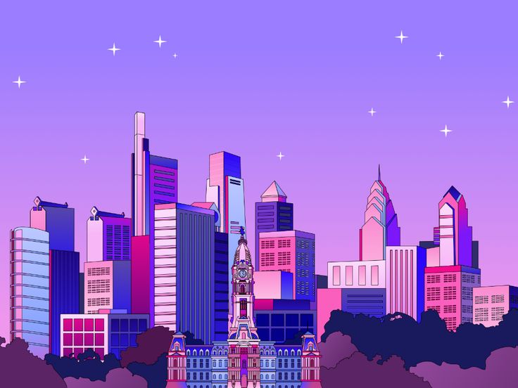 a city skyline with tall buildings and stars in the sky