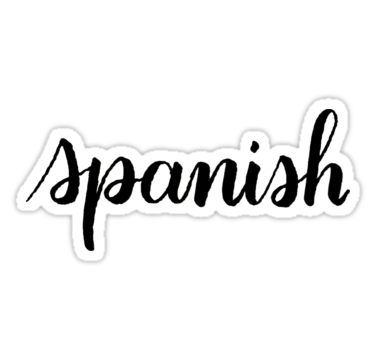 the word spanish is written in black ink on a white sticker that says,