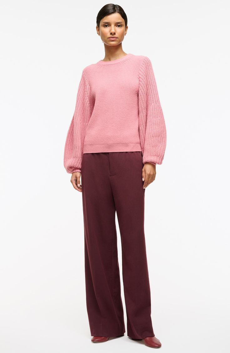 Chunky fashion-forward bishop sleeves frame a wool-blend sweater knit in a mood-boosting, rosy hue. Crewneck Long sleeves Ribbed cuffs and hem 50% wool, 50% nylon Dry clean Imported Chunky Fashion, Pink Damask, Latest Sweater, Bishop Sleeve, Wool Blend Sweater, Sweater Knit, Balloon Sleeves, Damask, Merino Wool