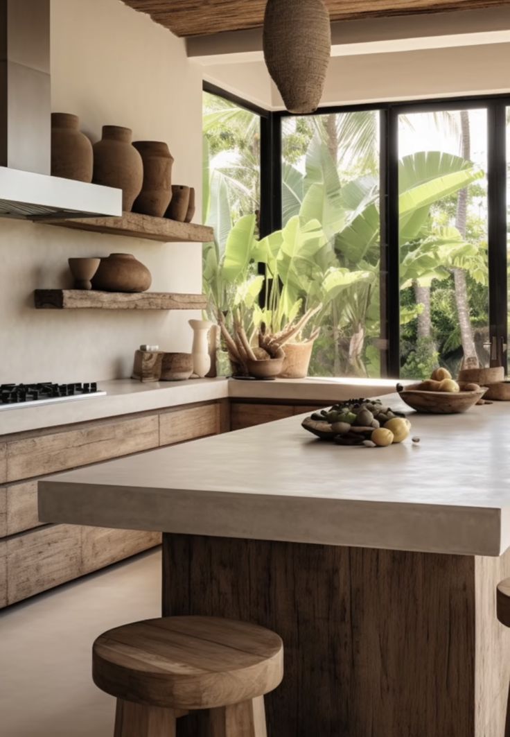 a kitchen with an island counter and two stools in front of large windows that look out onto the jungle