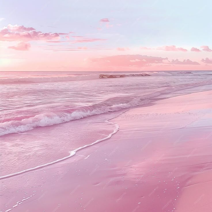 a pink beach with waves coming in to shore