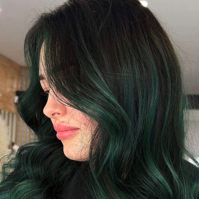 Dark Green Hair Color Ideas, Dark Green Hair Highlights, Dark Brown And Green Hair, Black And Emerald Hair, Emerald Green Hair Balayage, Dark Green And Black Hair, Dark Green Highlights, Green Purple Hair, Dark Teal Hair