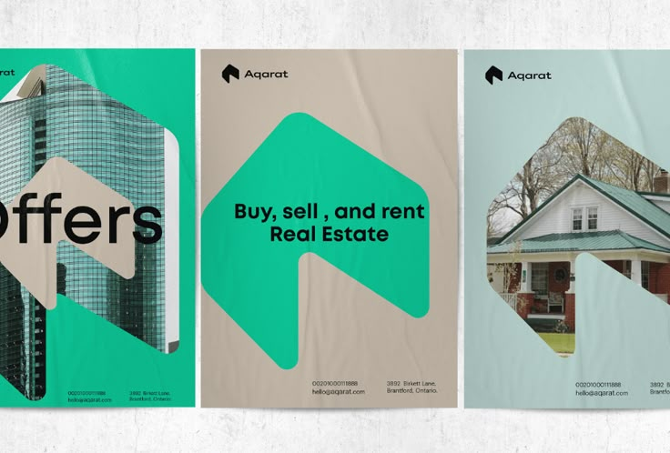 three different brochures with houses and arrows in the middle one is for real estate