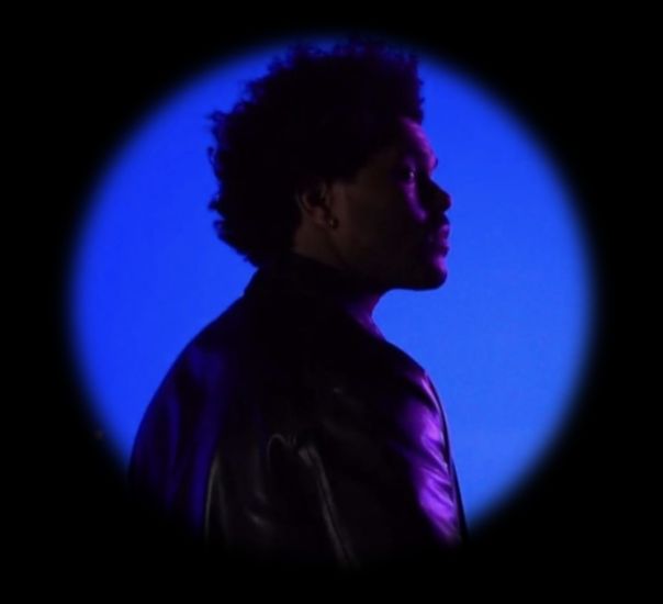 a man with curly hair standing in front of a blue background wearing a black leather jacket