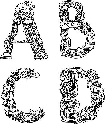 the letter b, c, and d are made up of intricately decorated letters