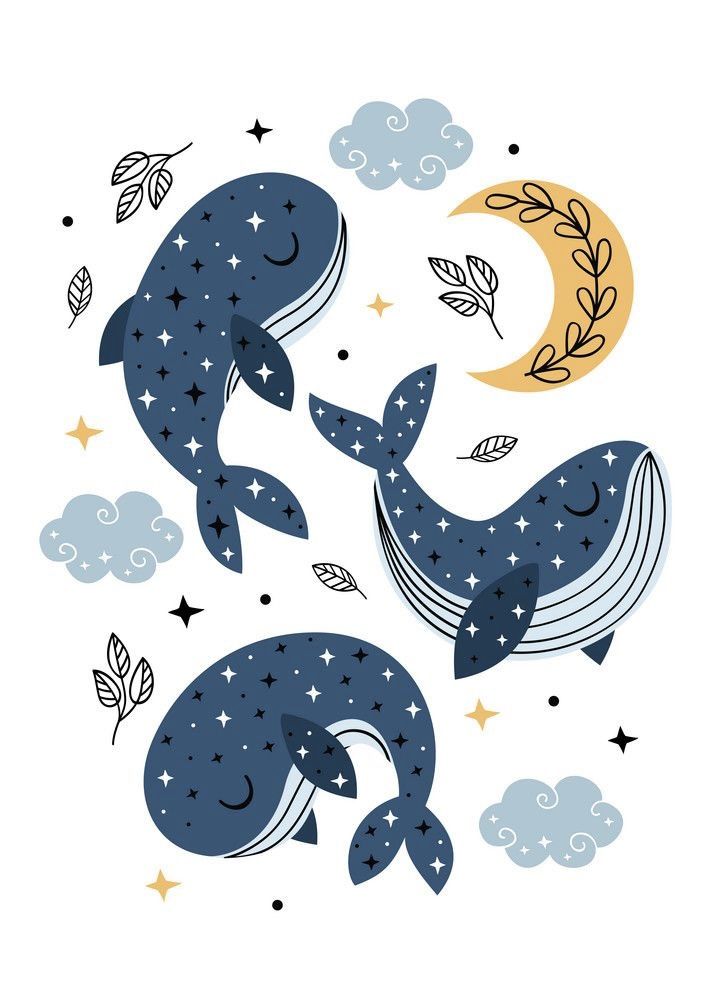 two whales in the sky with stars and clouds