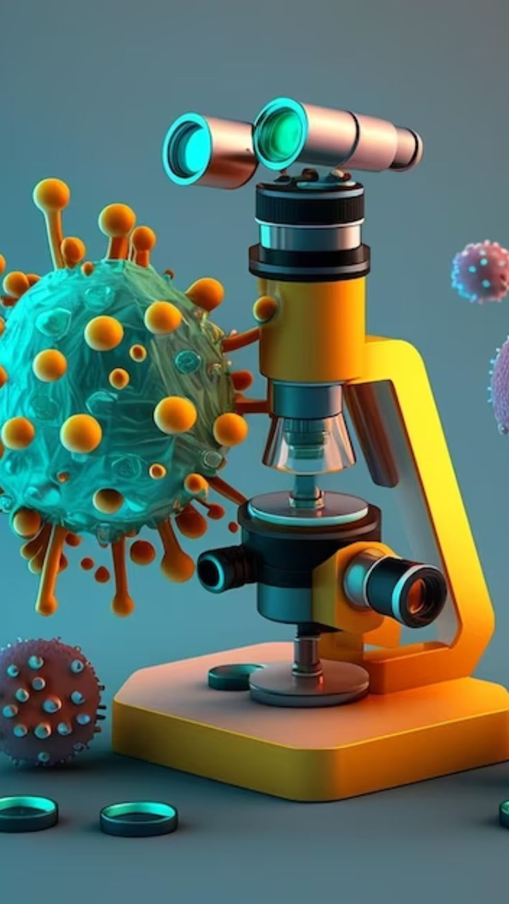 an image of a microscope that is in front of some germs and balls