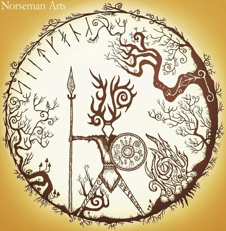 an image of a circle with symbols in the shape of a sun and two snakes