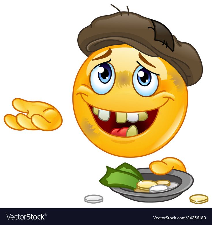 an emoticive yellow smiley face holding money and pointing to it's left side