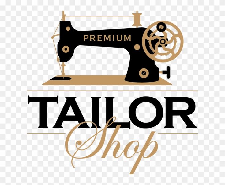 a sewing machine with the words tailor shop in gold and black lettering on a transparent background