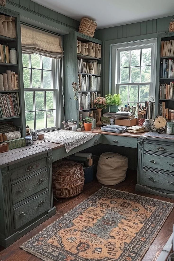 an old fashioned home office with lots of books