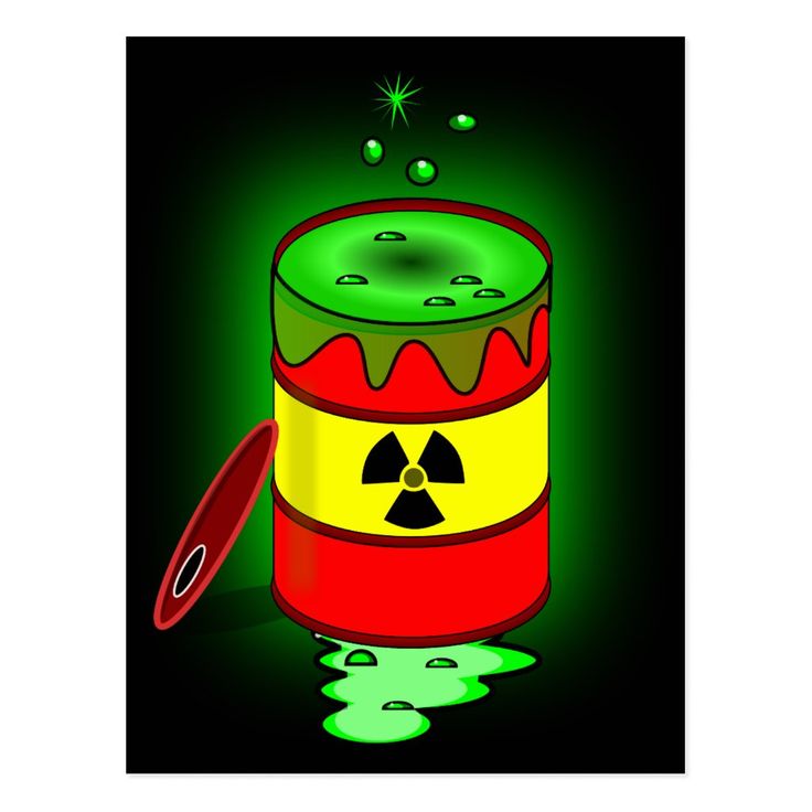 a green and yellow can with a radioactive symbol on it's side next to a red barrel