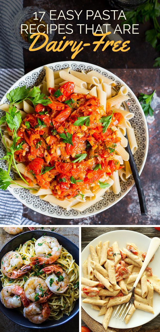 pasta with shrimp and tomato sauce is shown in four different pictures, including the words easy pasta