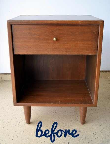 a wooden nightstand with the word before painted on it's bottom and bottom shelf