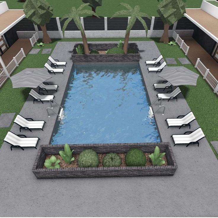 an artist's rendering of a pool with lounge chairs around it