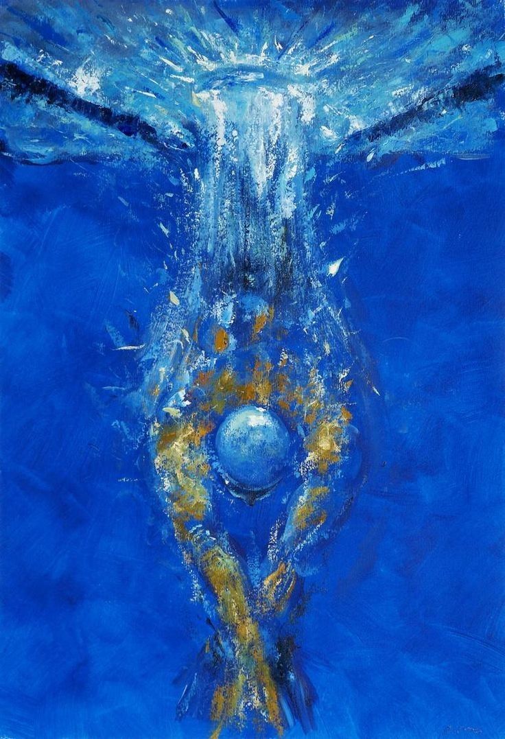 an abstract painting of a person reaching for a ball in the water with their hands