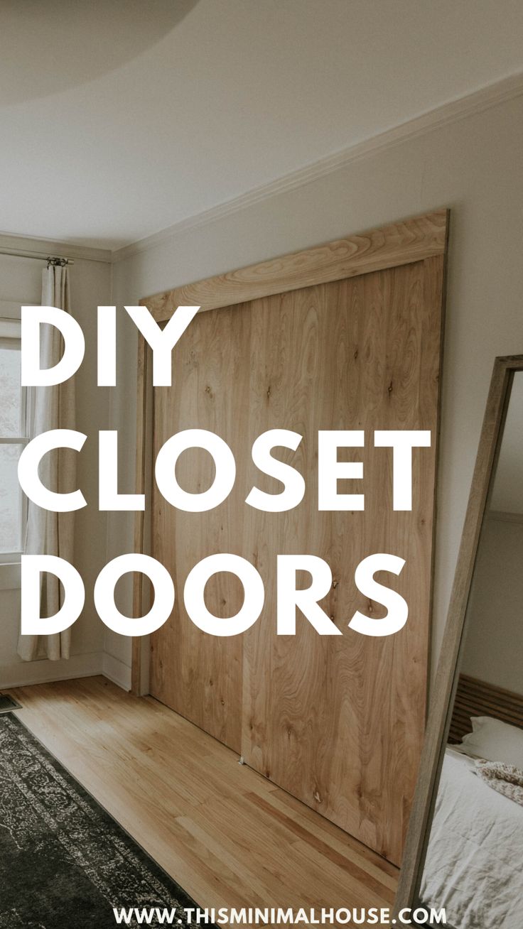 an open closet door with the words diy closet doors on it in front of a bed