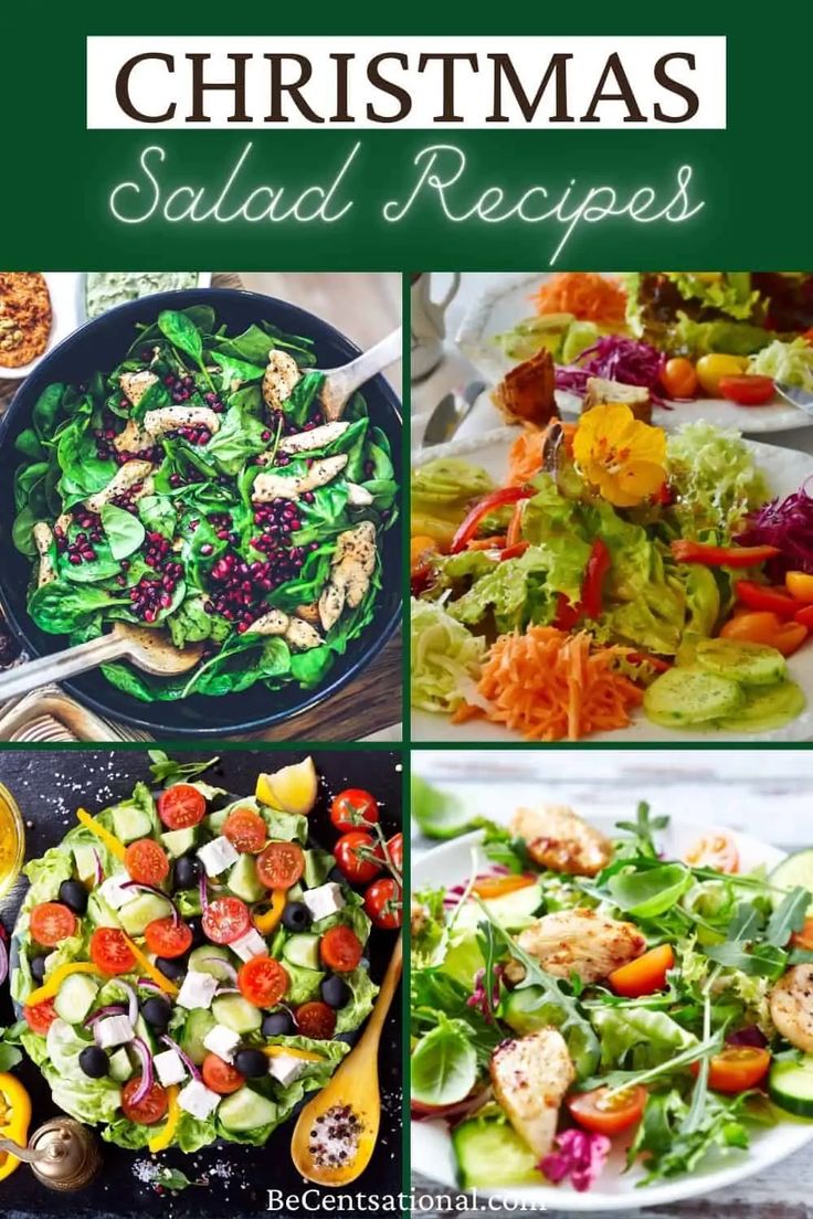 christmas salad recipe collage with pictures of different salads and vegetables in the middle