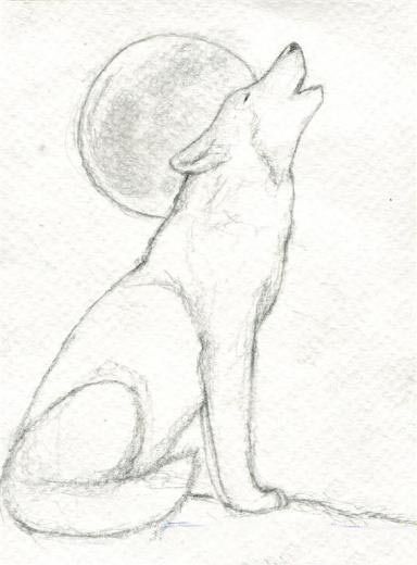 a drawing of a wolf sitting in front of the moon with its head turned back