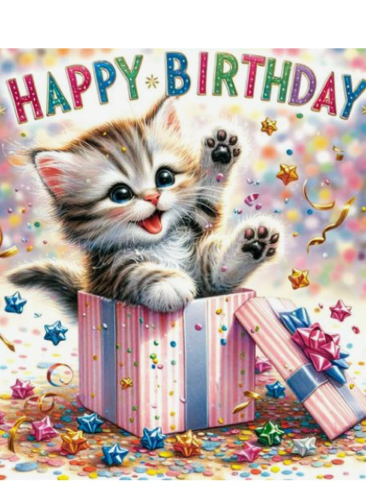 a happy birthday card with a kitten in a gift box