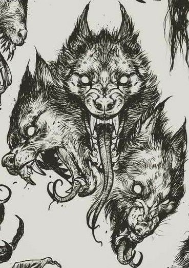 an ink drawing of some animals with their mouths open