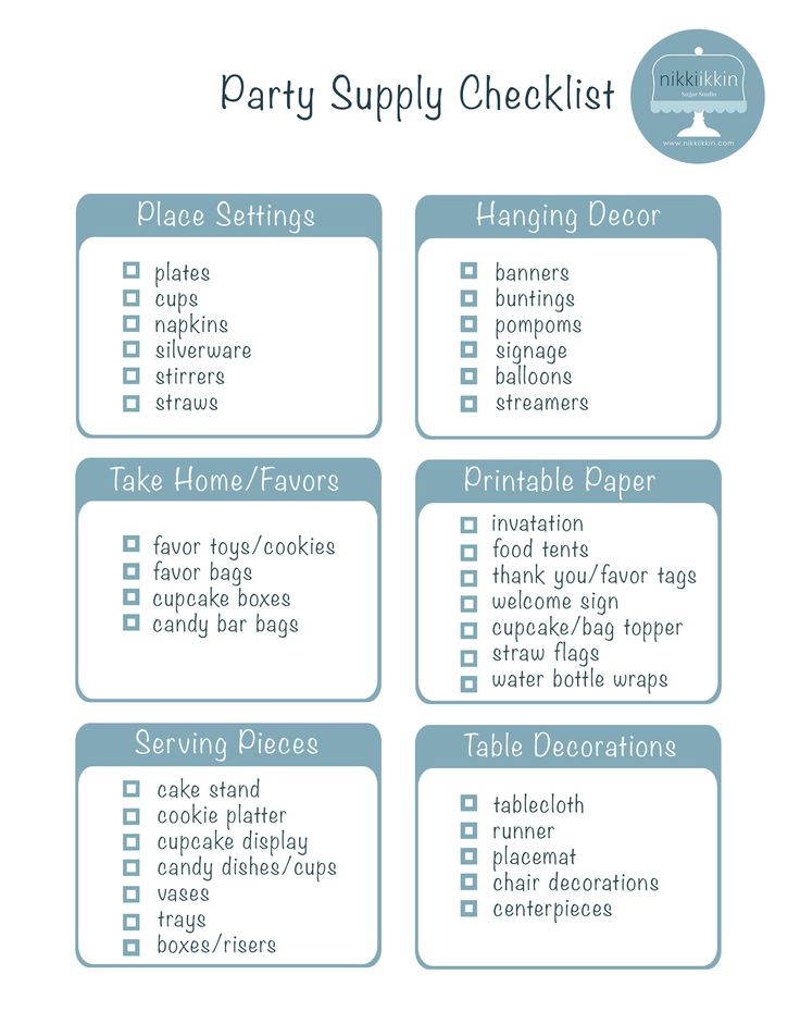 the party supply checklist is shown in this blue and white printable poster, which includes