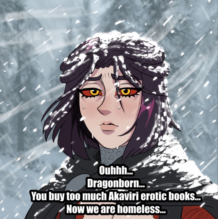 an anime character with long hair and orange eyes in the snow, looking at the camera