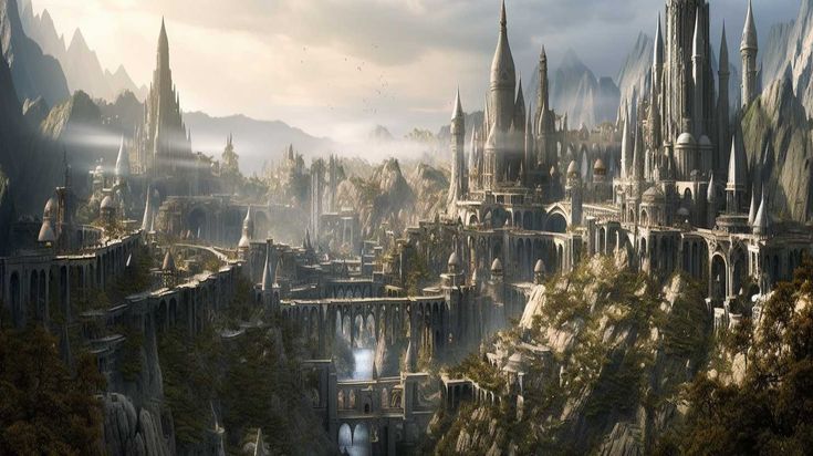 an image of a fantasy city in the mountains