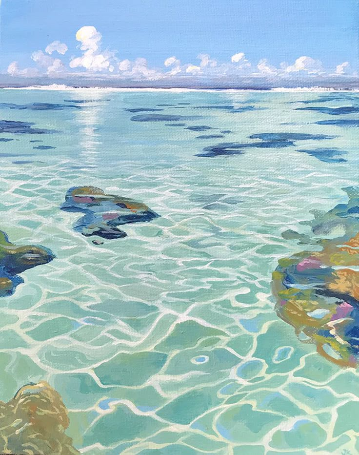 an oil painting of water and rocks in the ocean