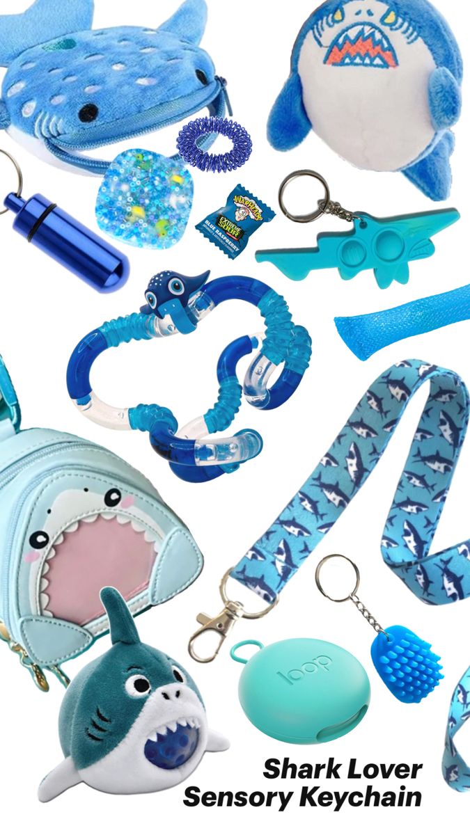 shark toys and other items are shown in this image