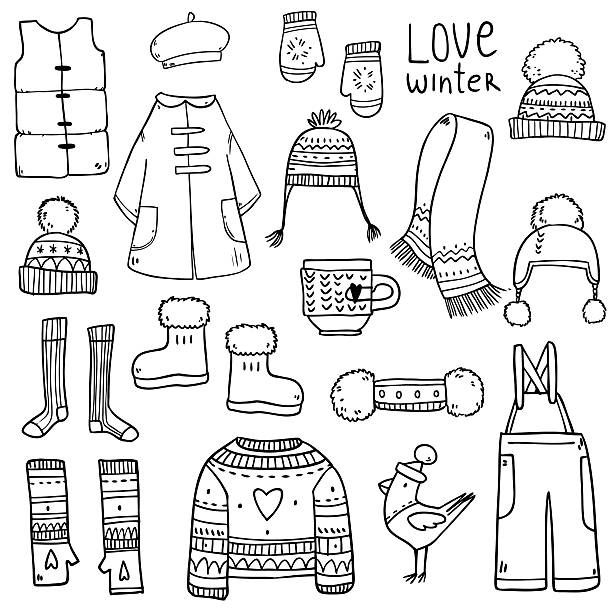 hand drawn winter clothes and sweaters for kids, black and white drawing with the words love