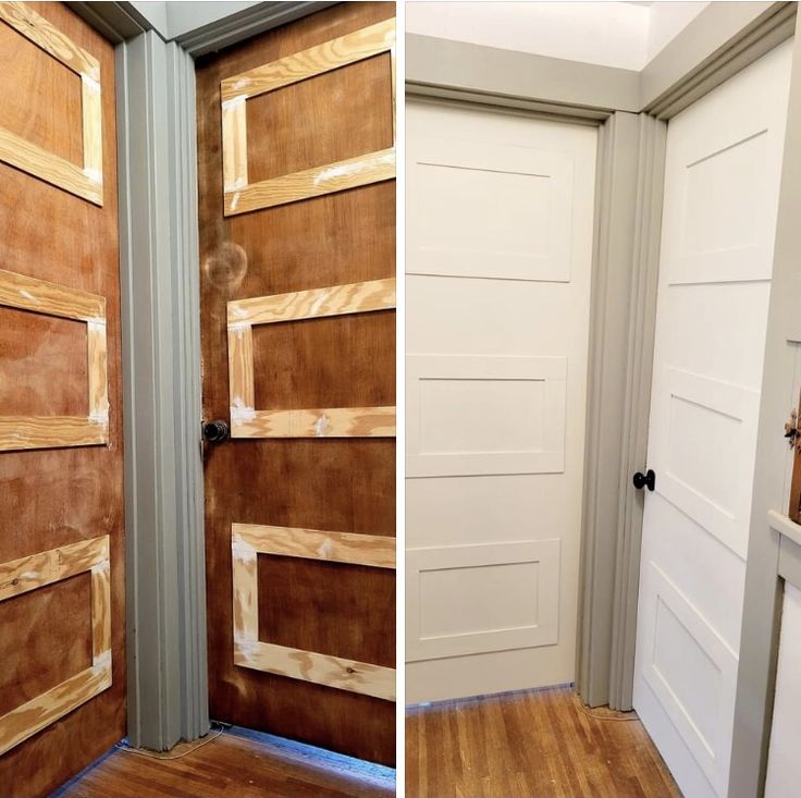 two pictures of the inside and outside of a door with wood panels on each side