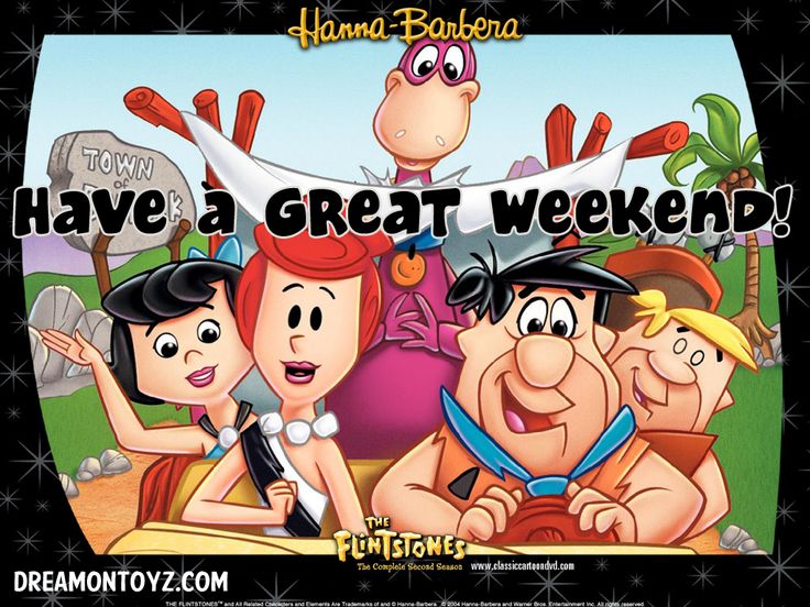 cartoon characters with the words have a great weekend in front of them, and an image of