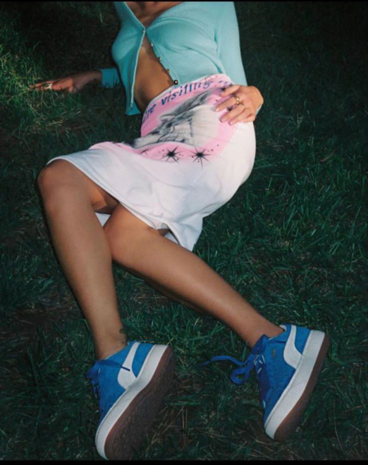 Puma Campaign, Blue Shoes Outfit, Turquoise Cardigan, Women Entrepreneurship, Puma Blue, Mario Sorrenti, Shoes Outfit, Puma Suede, Everyday Shoes