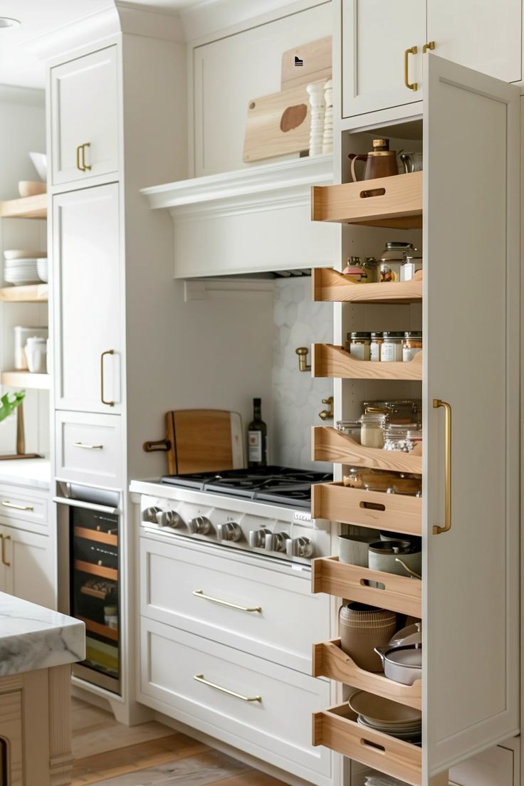 an open cabinet in the middle of a kitchen with white cabinets and drawers on both sides