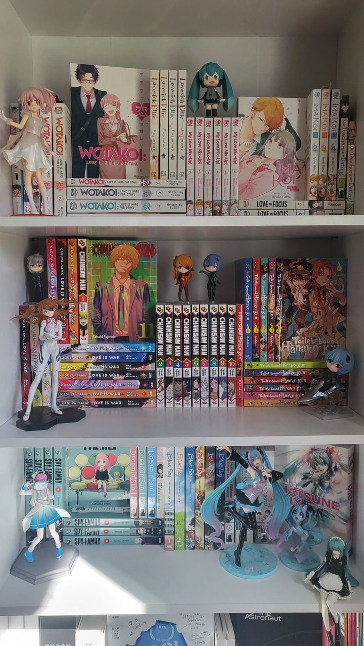 a book shelf filled with anime books and figurines on top of it's shelves