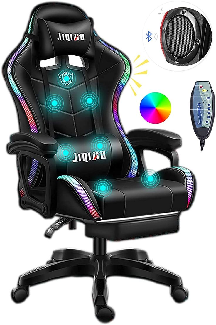 an image of a gaming chair with lights and remotes on it's back