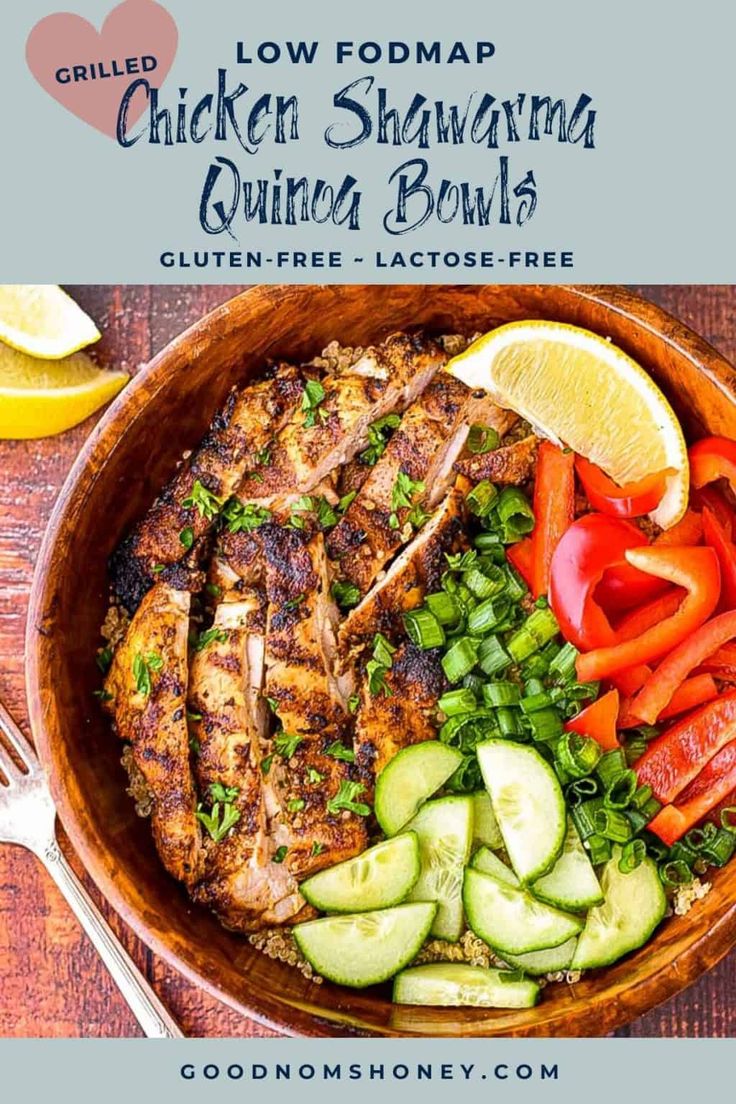 chicken shawama quiche bowl with cucumber, carrots and lemon wedges