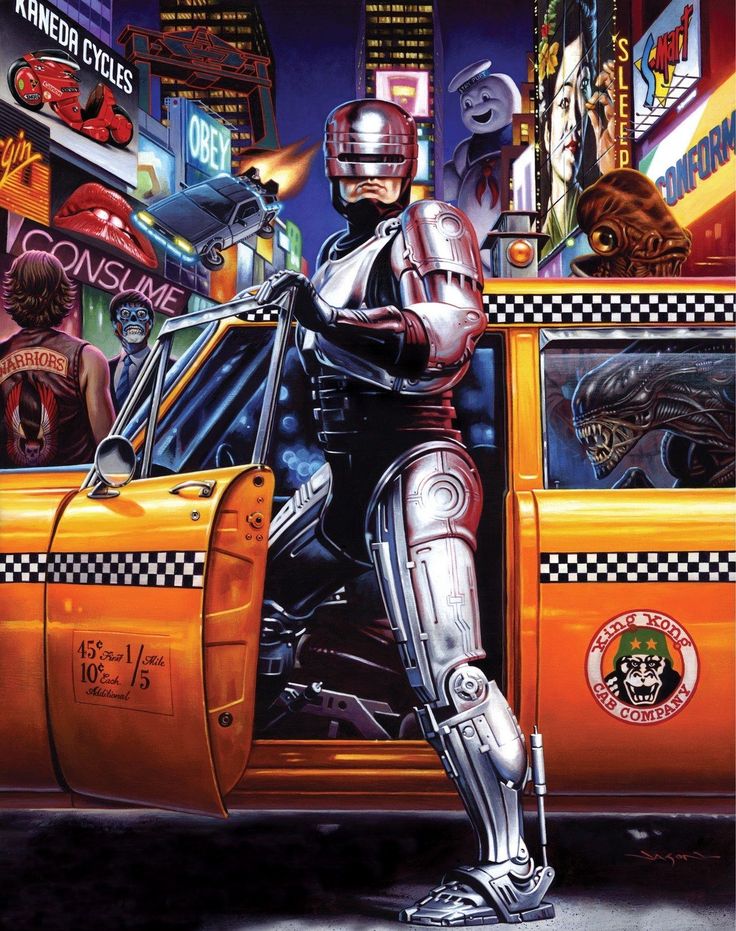 an advertisement for crazy four featuring a robot riding in the back of a taxi cab