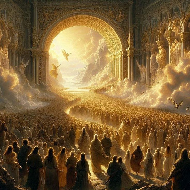 a large group of people standing in the middle of a room filled with white clouds