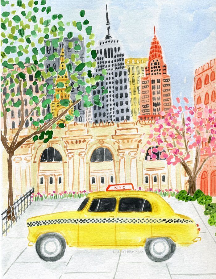 a watercolor painting of a taxi cab in new york city