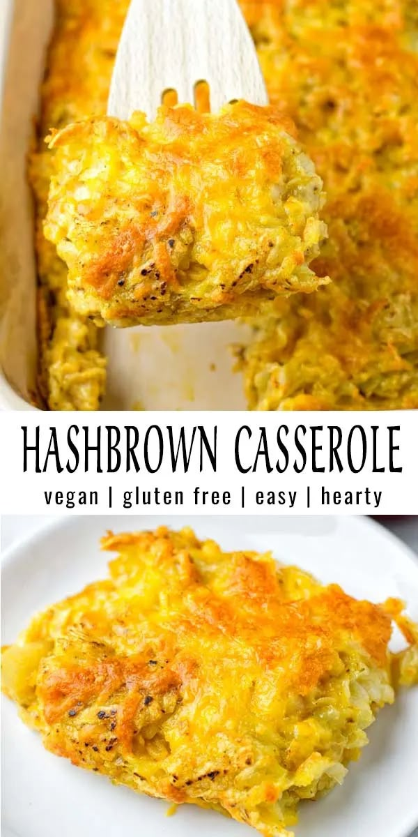 hashbrown casserole in a white dish with a spatula