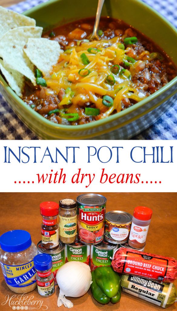 an image of instant pot chili with dry beans and tortilla chips on the side