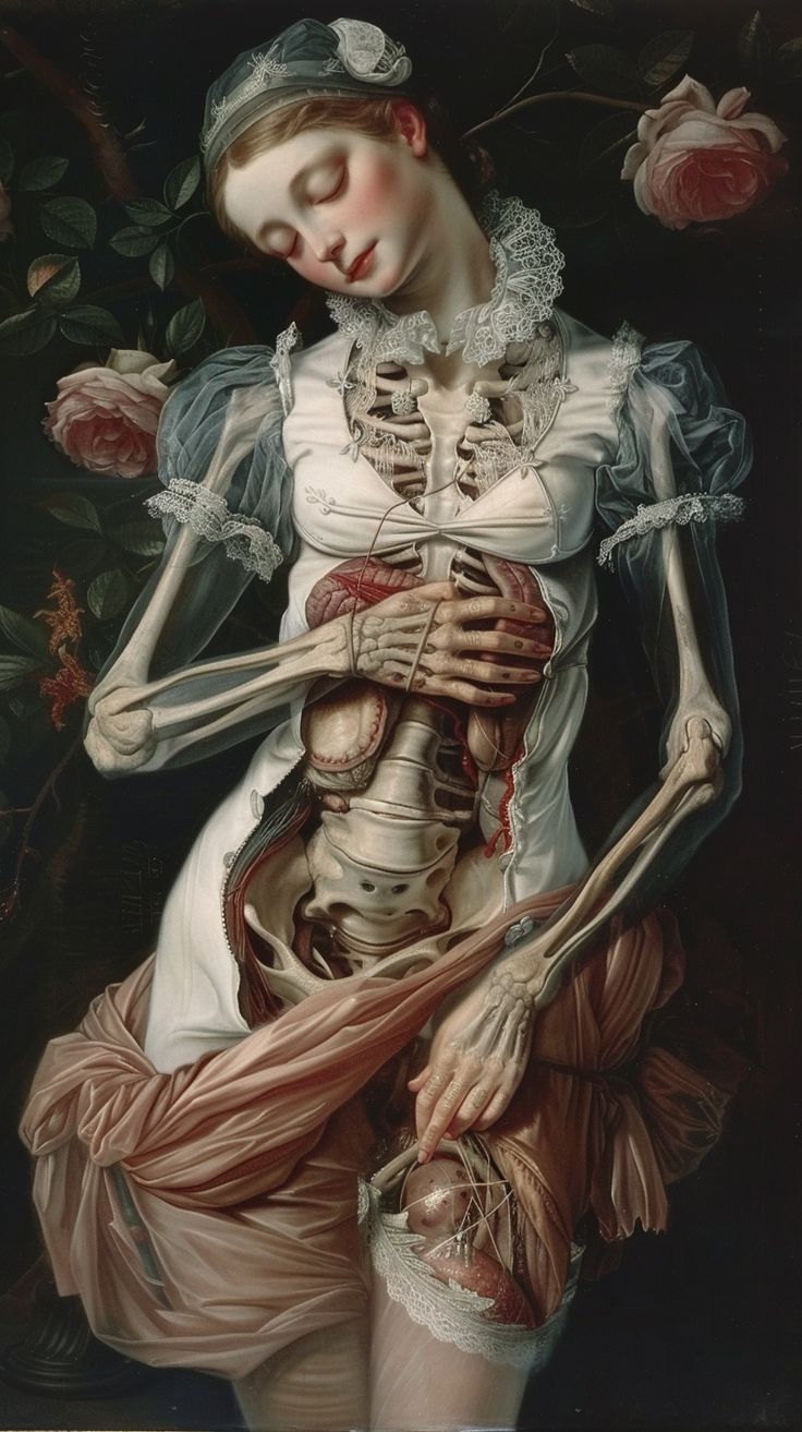 #SurrealAbstractAnatomy #YoungNymph #Ethereal #Dramatic #LaceAndFabric #DreamyOilPainting #EdwardRobertHughes #LuisRicardoFalero #FineArt #TheCandie Edward Robert Hughes Paintings, Women Skeleton Drawing, Melting Body Art, Halloween Horror Art, Body Horror Painting, Paintings With Dark Meaning, Surreal Dark Art, Abstract Anatomy Art, Surreal Horror Art