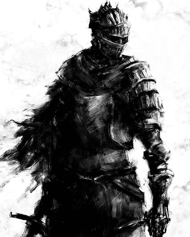 a black and white drawing of a knight