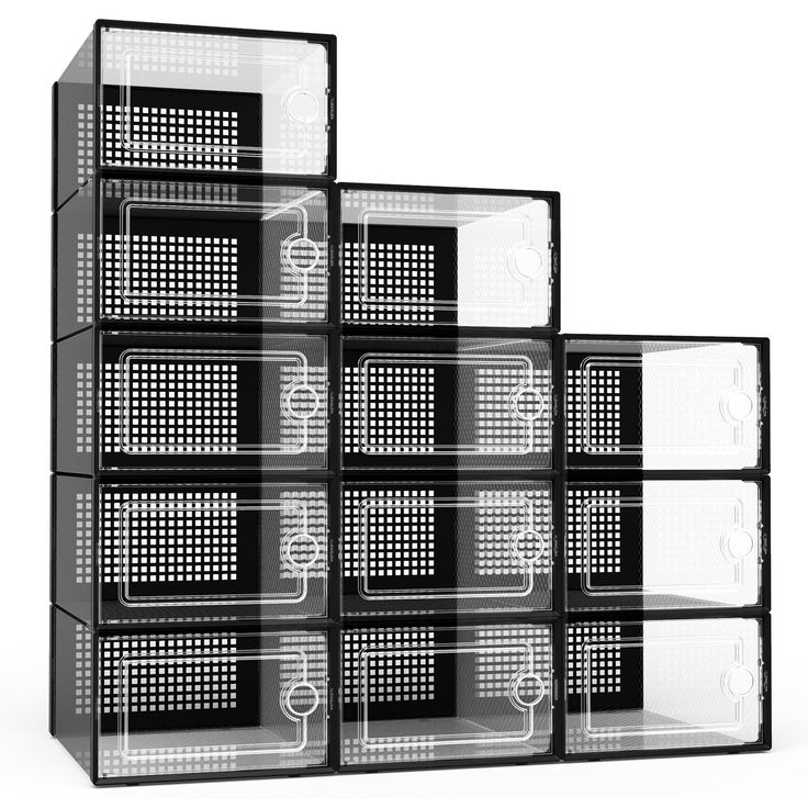 four black and clear shelves stacked on top of each other in front of a white background