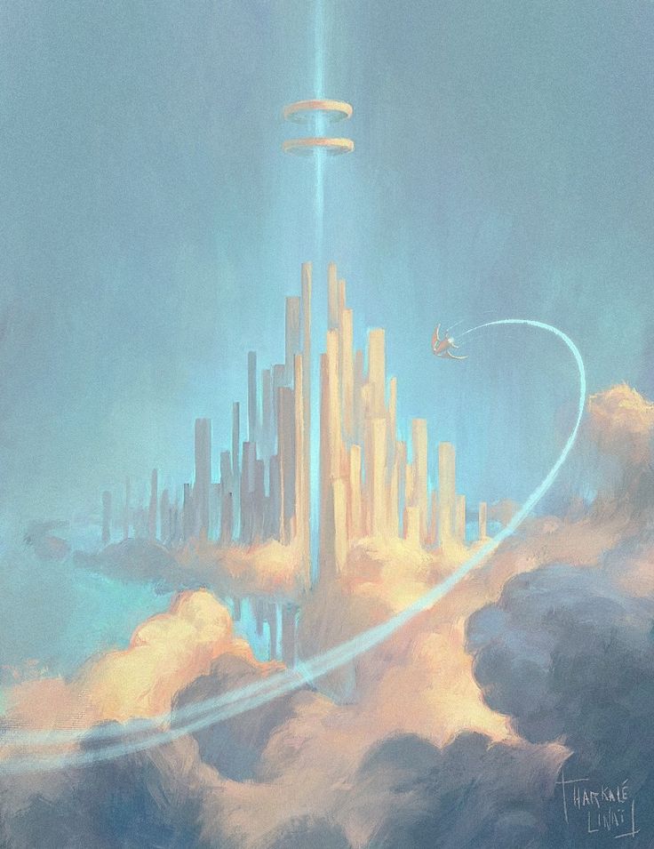 a painting of a futuristic city in the sky with an airplane flying over it and some clouds